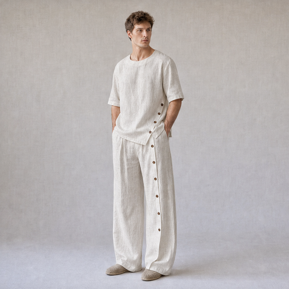 Cotton Linen Crew Neck Oversized T-Shirt with Button Side Trousers — Ratń Swamini