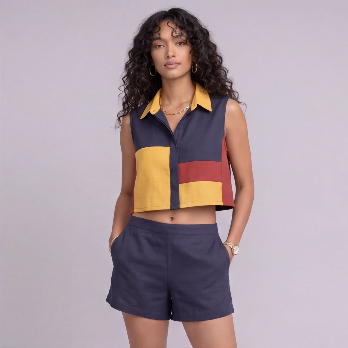 Linen Colour-Block Cropped Top & Shorts Co-ord Set — Ratń Swamini