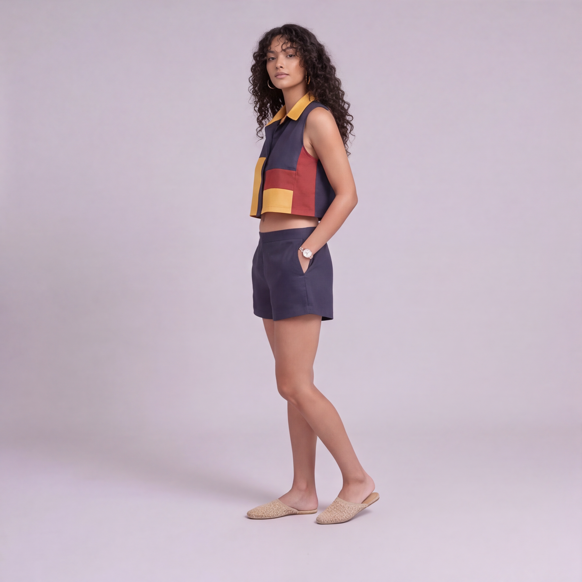 Linen Colour-Block Cropped Top & Shorts Co-ord Set — Ratń Swamini · view 3