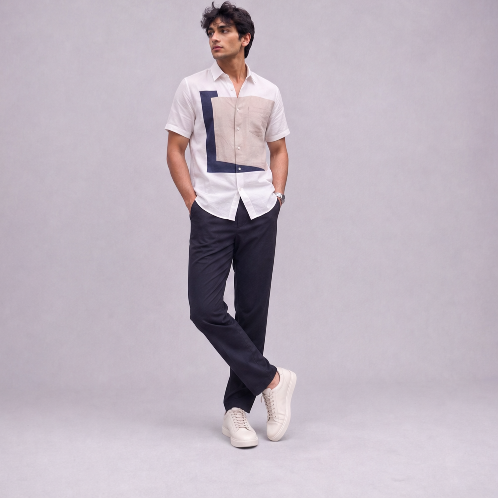 Linen Colour-Block Half Sleeve Shirt, Ratń Swamini · view 2