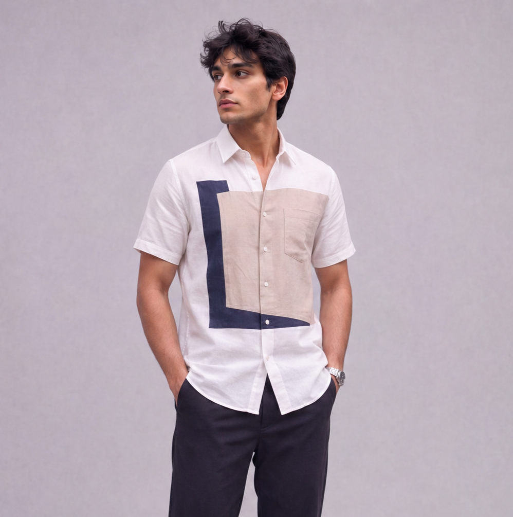 Linen Colour-Block Half Sleeve Shirt, Ratń Swamini · view 3