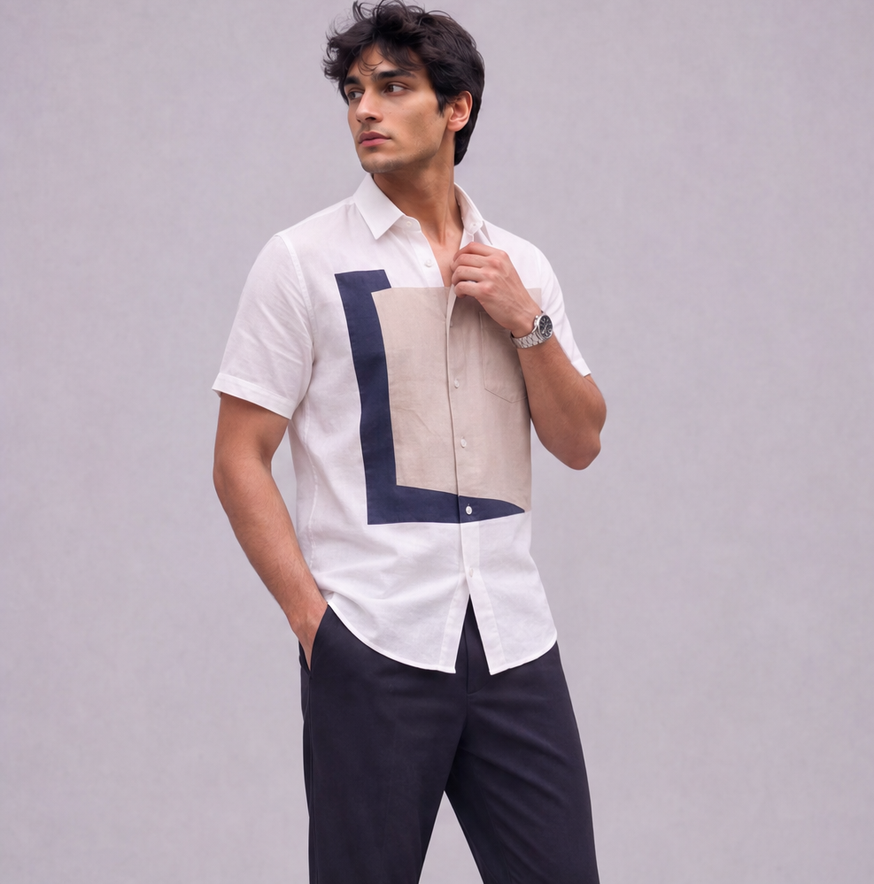 Linen Colour-Block Half Sleeve Shirt, Ratń Swamini
