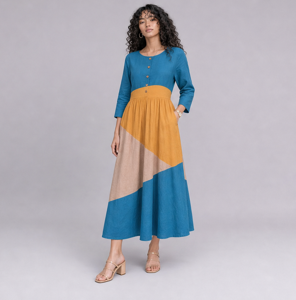 Linen Colour-Block Tiered Midi Dress — Ratń Swamini