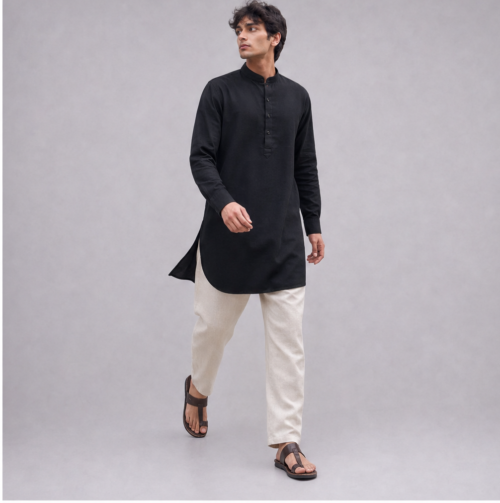 Linen Mandarin Collar Kurta Shirt — Ratń Swamini · view 3