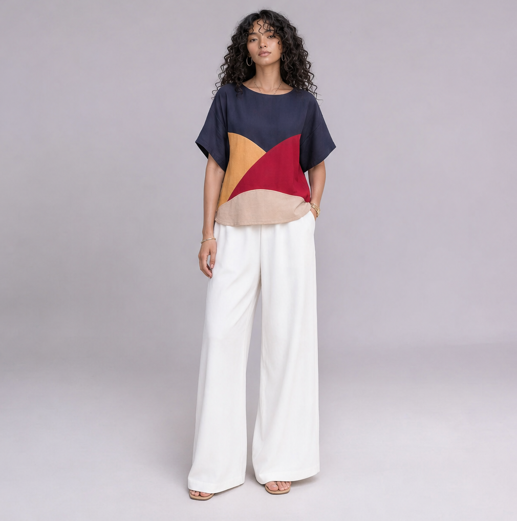 Linen Wave Colour-Block Top — Ratń Swamini