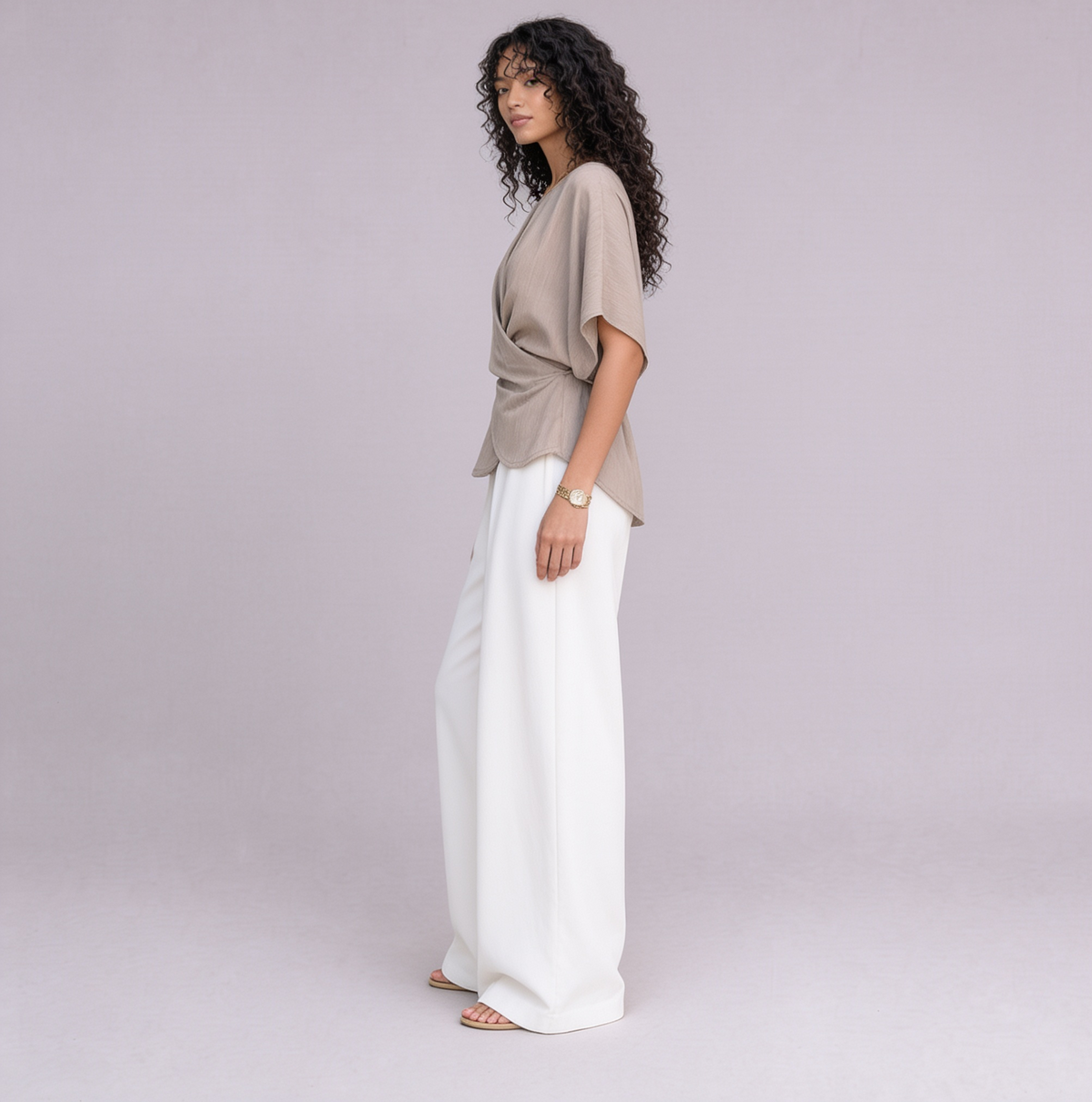 Linen Wrap-Front Top & Wide Leg Trouser Co-ord Set in Natural Oat — Ratń Swamini · view 3