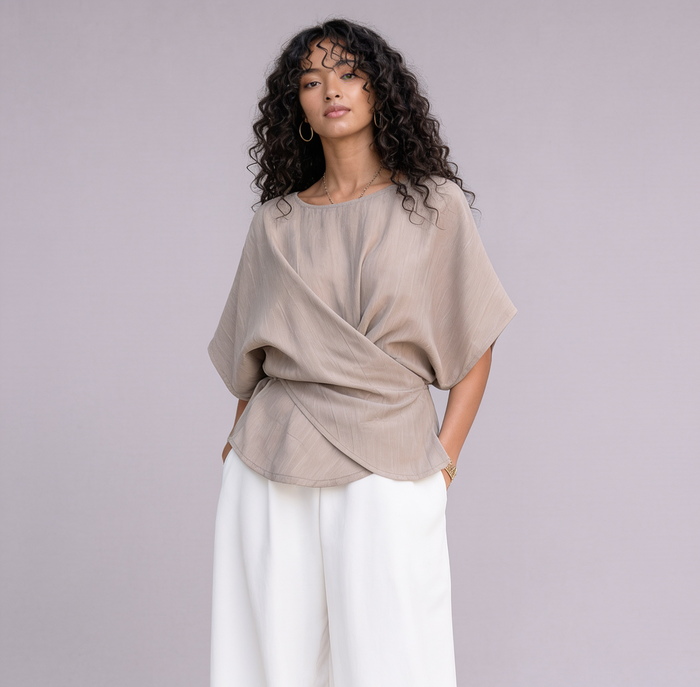 Linen Wrap-Front Top & Wide Leg Trouser Co-ord Set in Natural Oat — Ratń Swamini