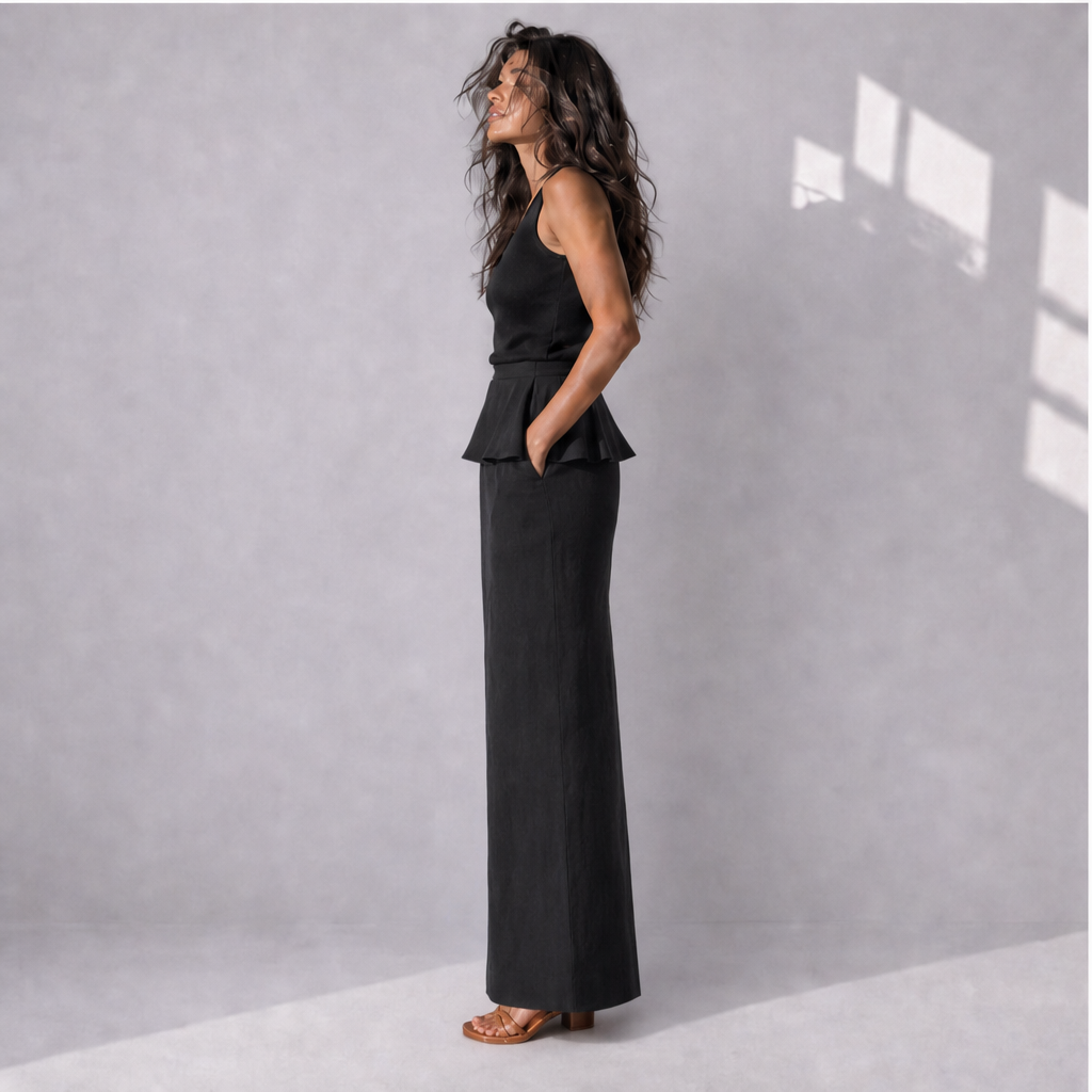 Cotton Linen Peplum Top & Maxi Skirt Co-ord Set (2 Pcs), Ratń Swamini · side view