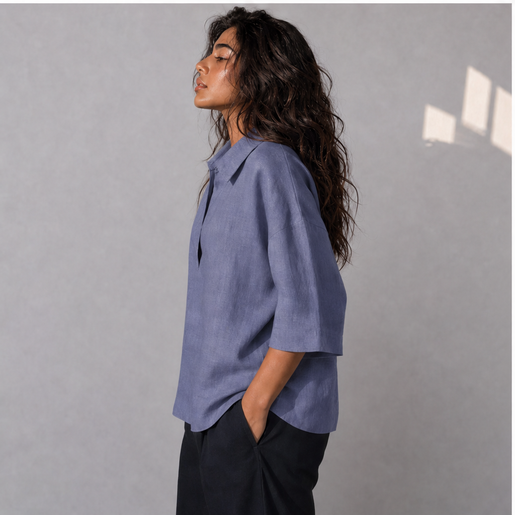 Linen Popover Half Sleeve Shirt, Ratń Swamini · side view