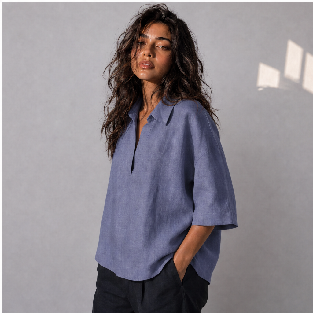Linen Popover Half Sleeve Shirt, Ratń Swamini · alt front view