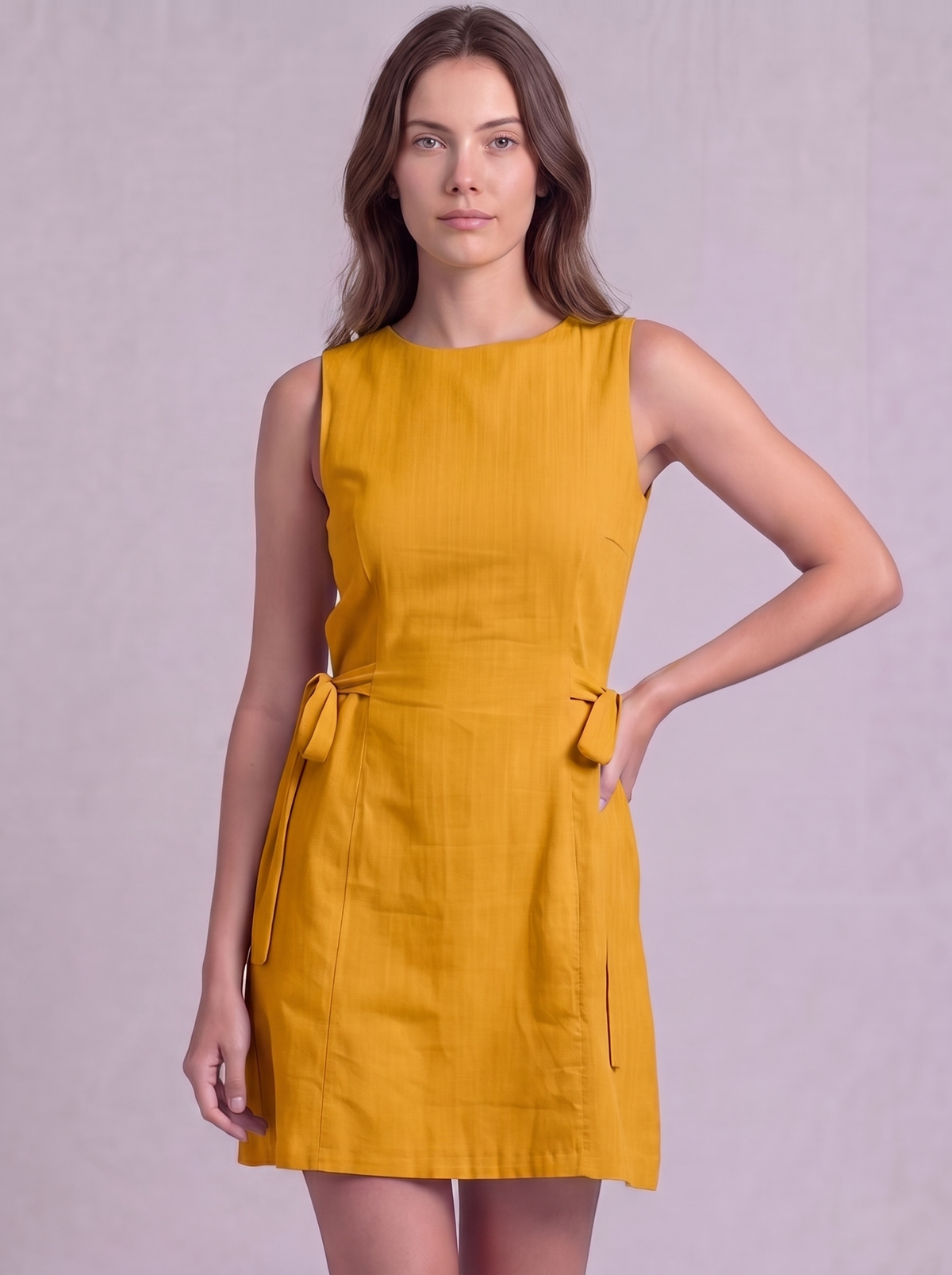Linen Cotton Mini Dress in Mustard