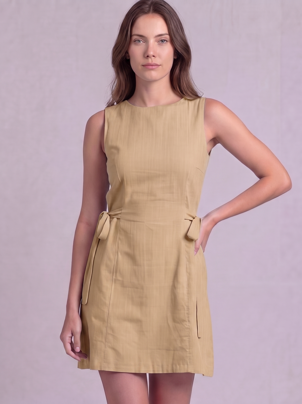 Linen Cotton Mini Dress in Beige