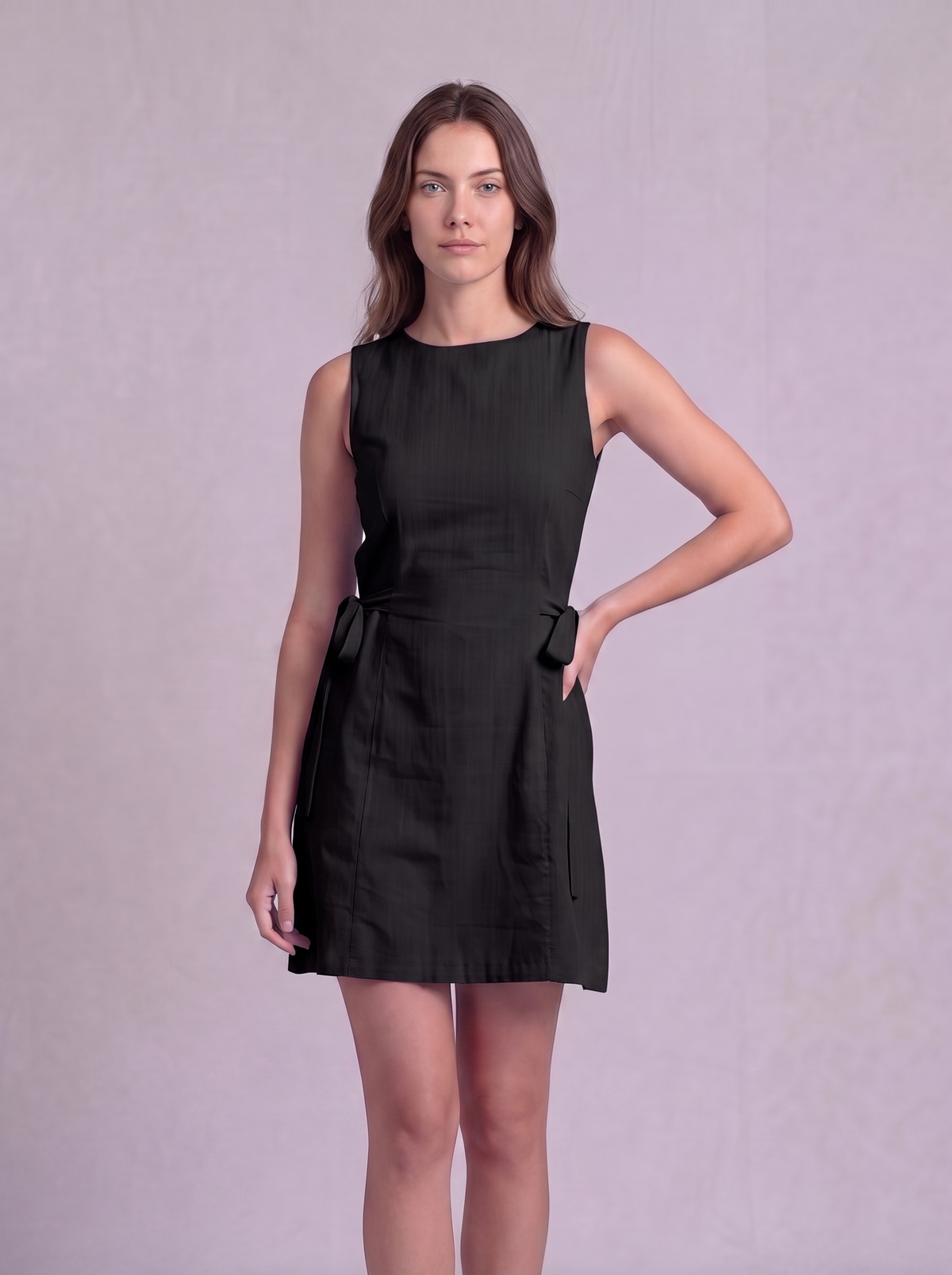 Linen Cotton Mini Dress in Black