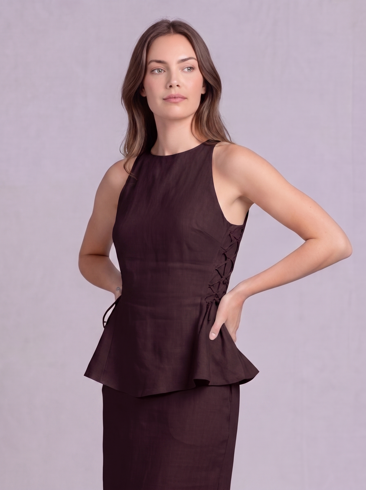 Linen Peplum Blouse in Burnt Maroon
