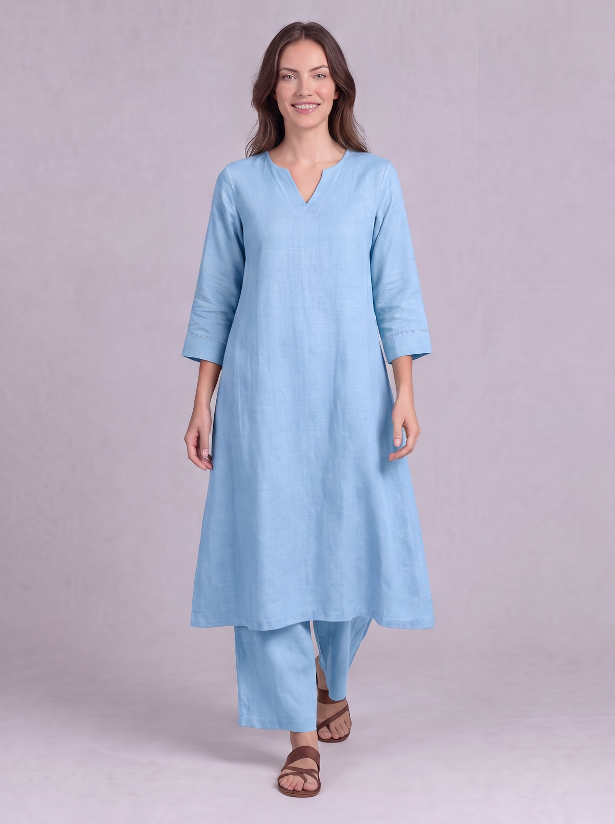 Linen Cotton Kurta & Palazzo Co-ord Set in Powder Blue