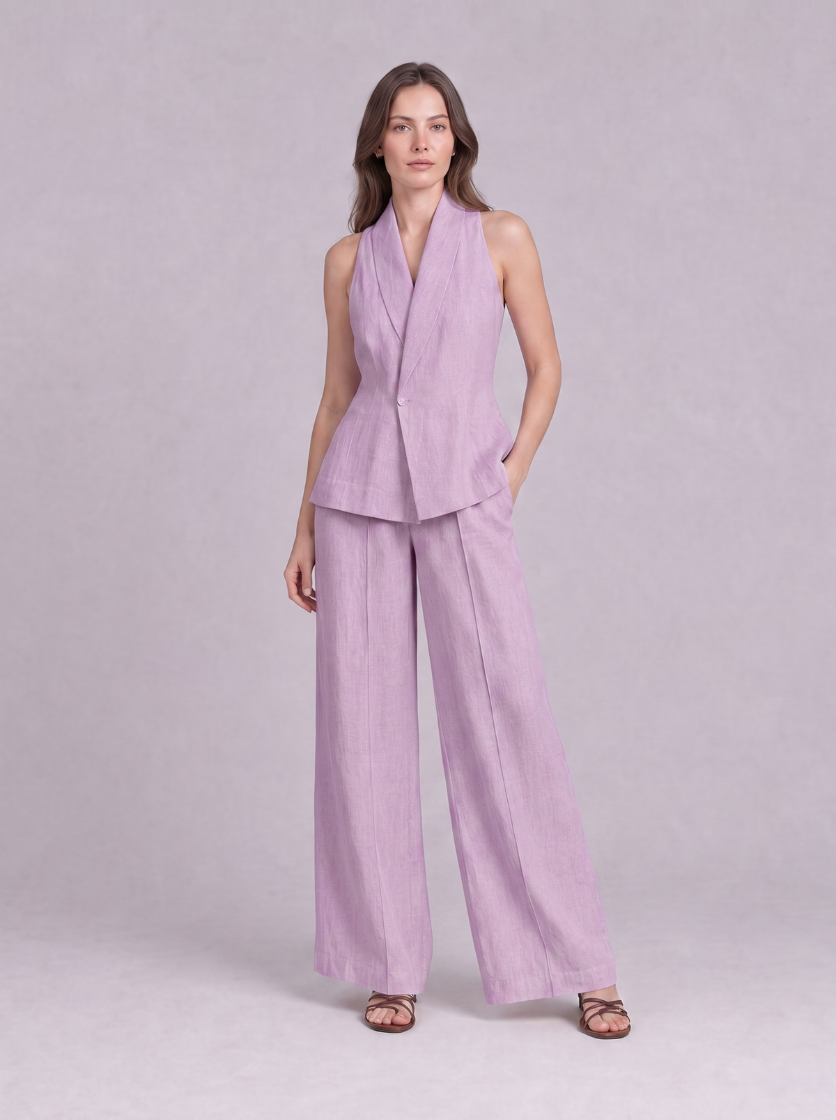 Linen Cotton Blazer Vest & Wide Leg Trouser Co-ord in Lilac