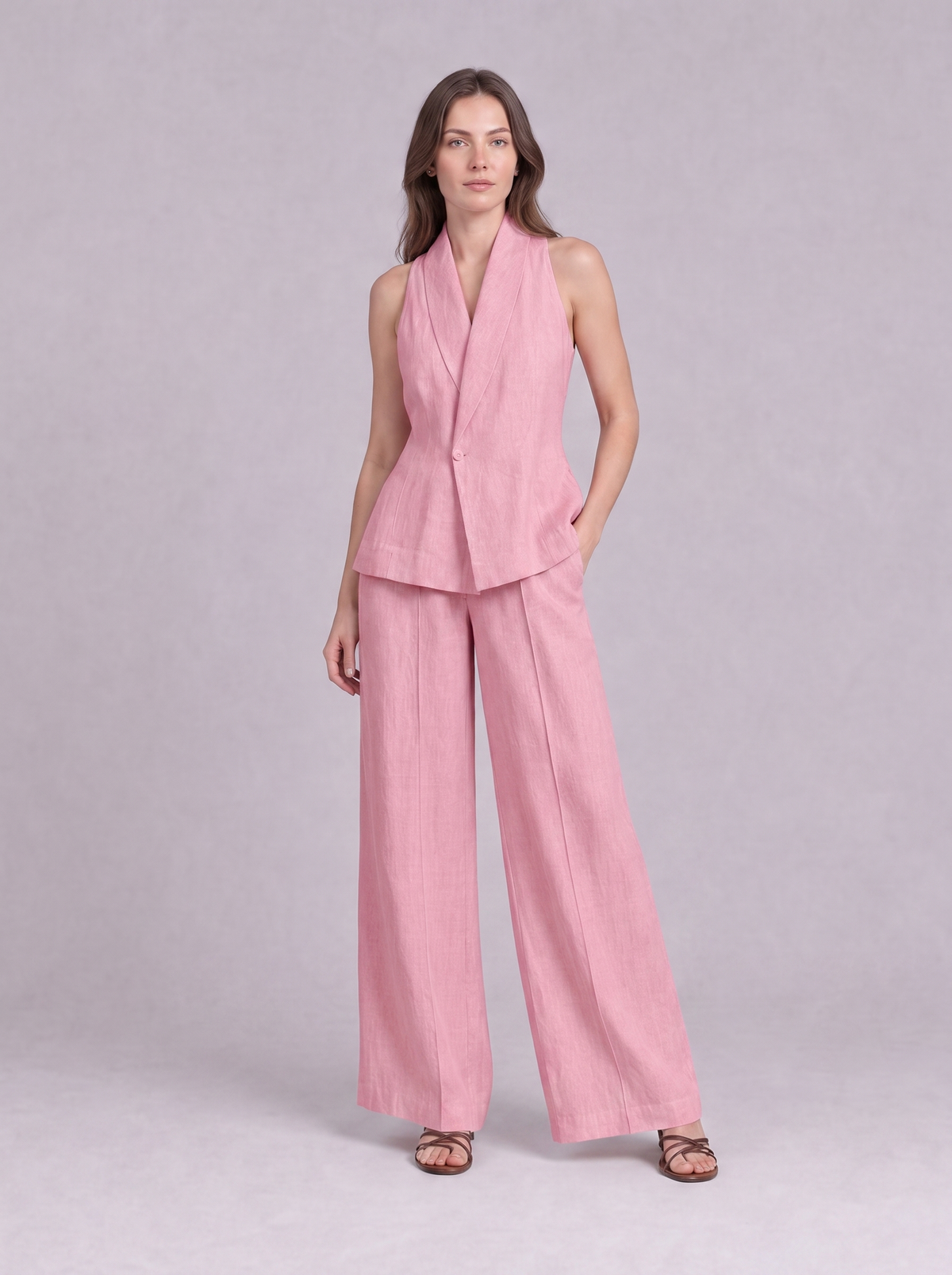 Linen Cotton Blazer Vest & Wide Leg Trouser Co-ord in Soft Pink