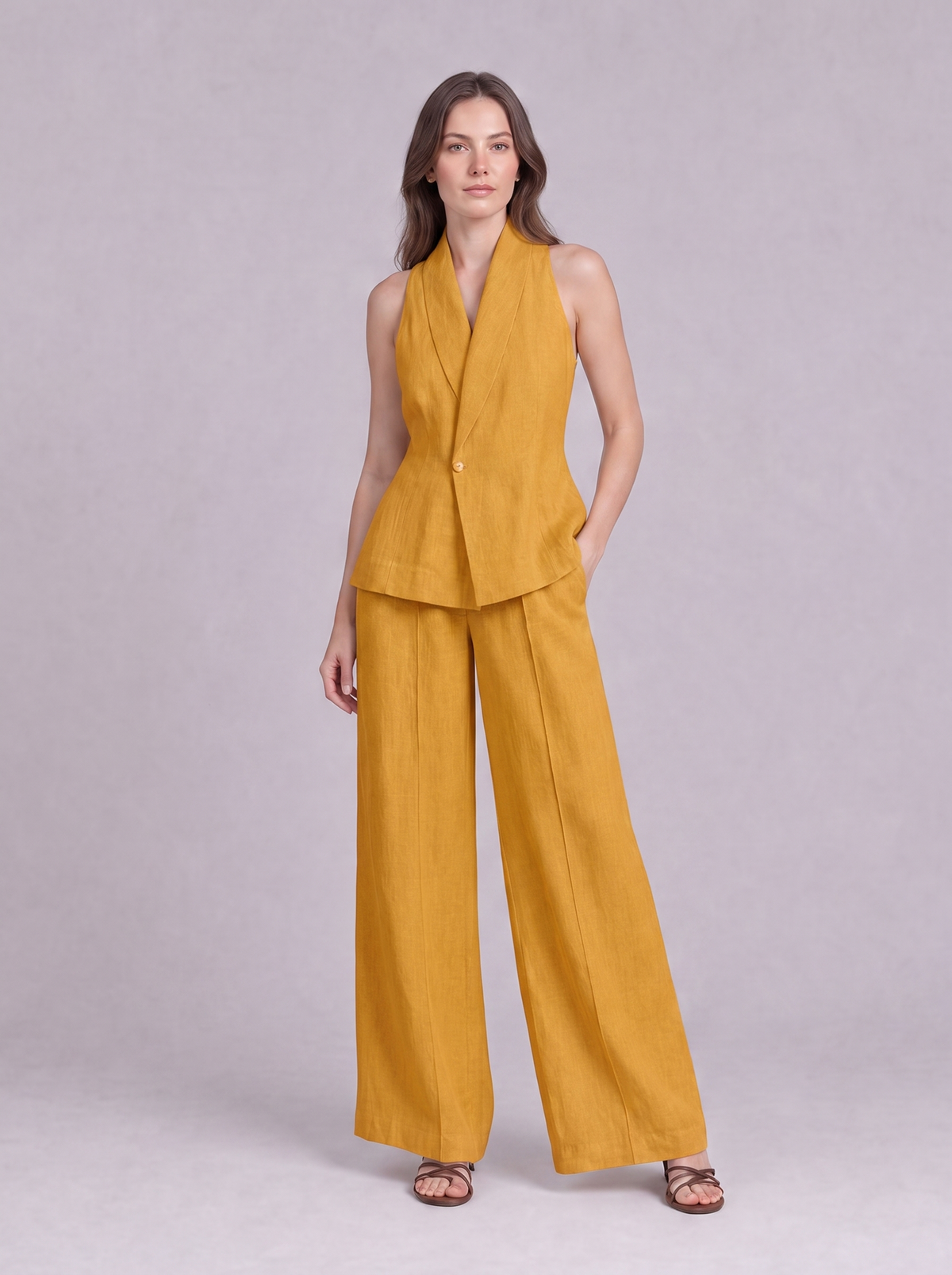 Linen Cotton Blazer Vest & Wide Leg Trouser Co-ord in Mustard