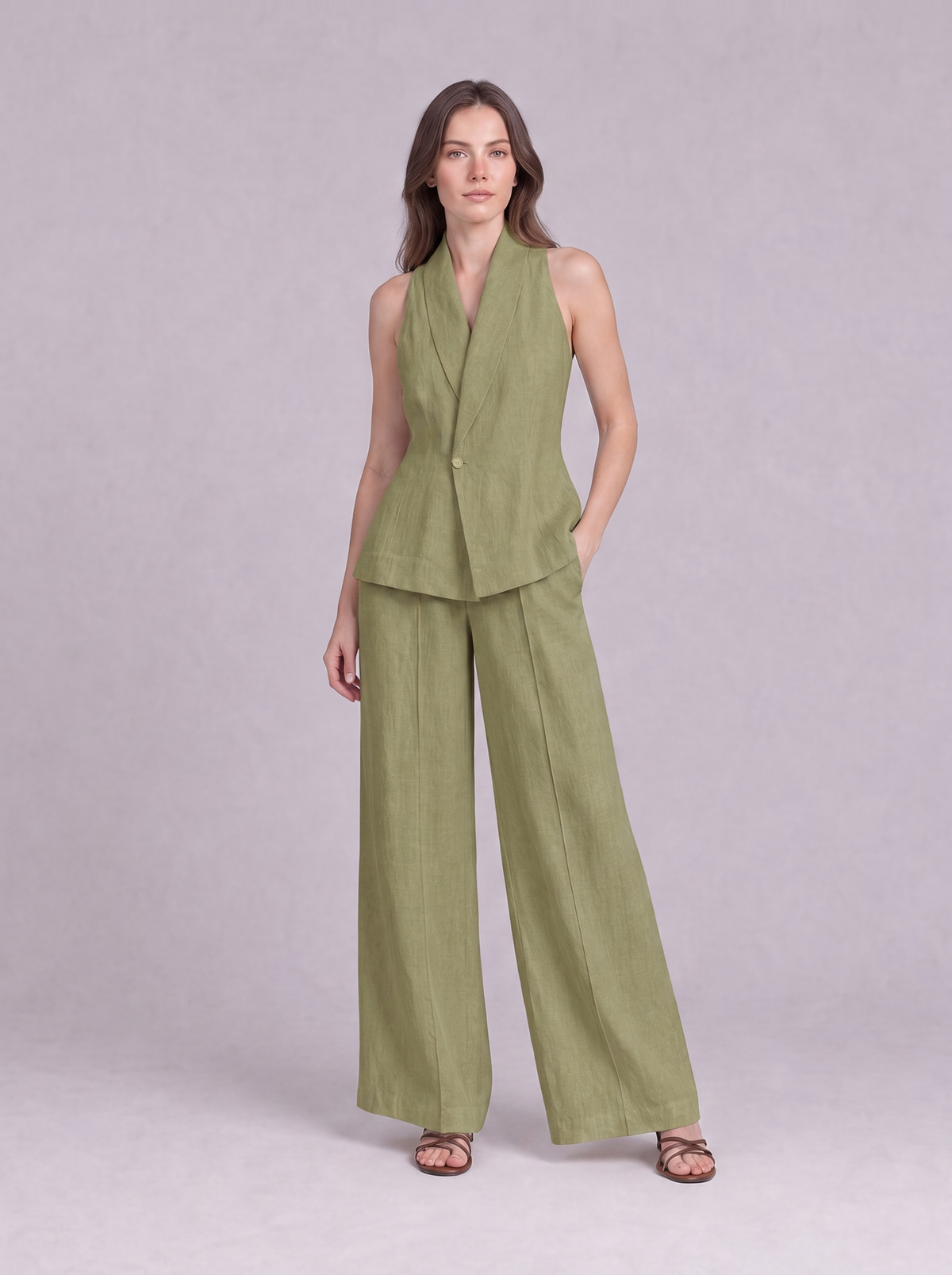 Linen Cotton Blazer Vest & Wide Leg Trouser Co-ord in Light Olive