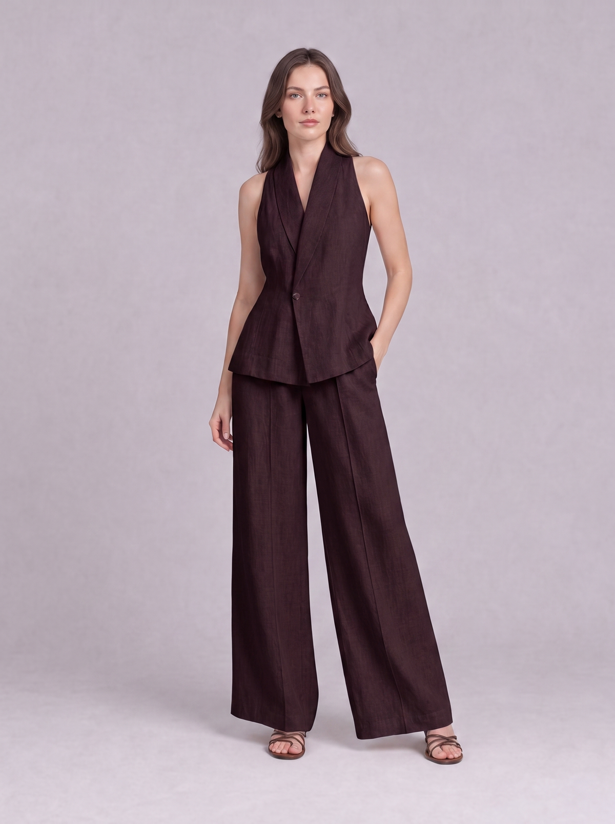 Linen Cotton Blazer Vest & Wide Leg Trouser Co-ord in Burnt Maroon