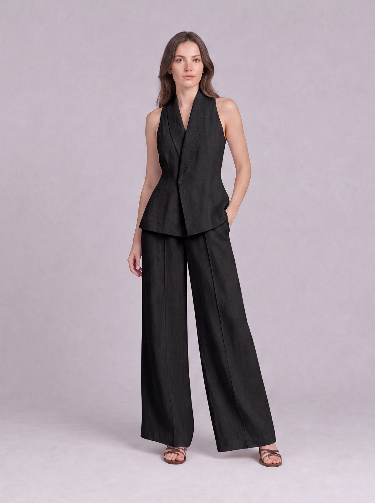 Linen Cotton Blazer Vest & Wide Leg Trouser Co-ord in Black