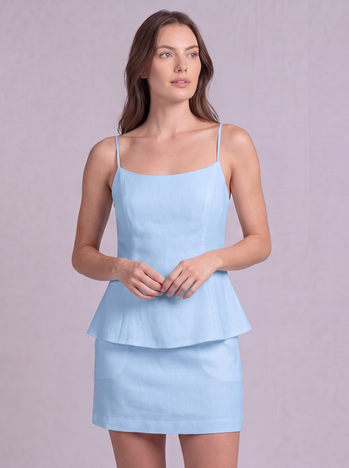 Linen Cotton Double Layer Cami Top & Mini Skirt Co-ord in Powder Blue