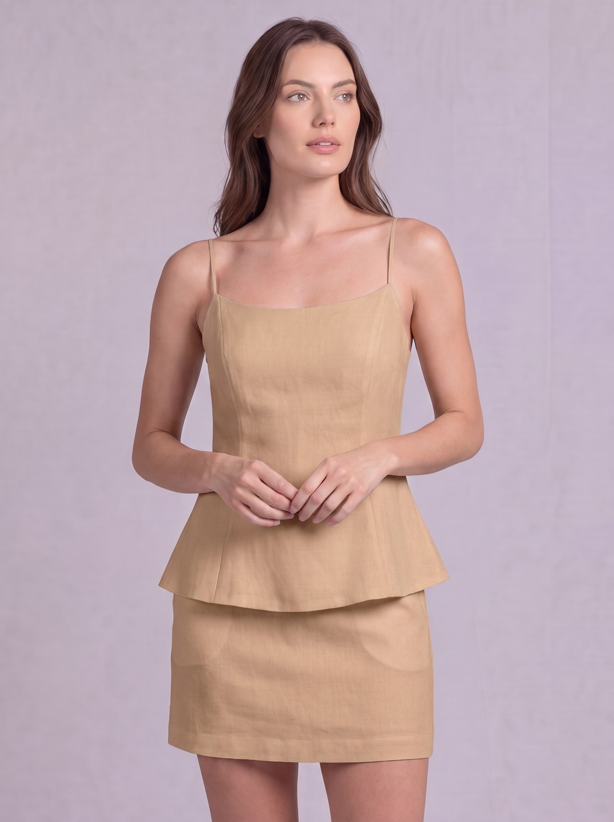 Linen Cotton Double Layer Cami Top & Mini Skirt Co-ord in Beige