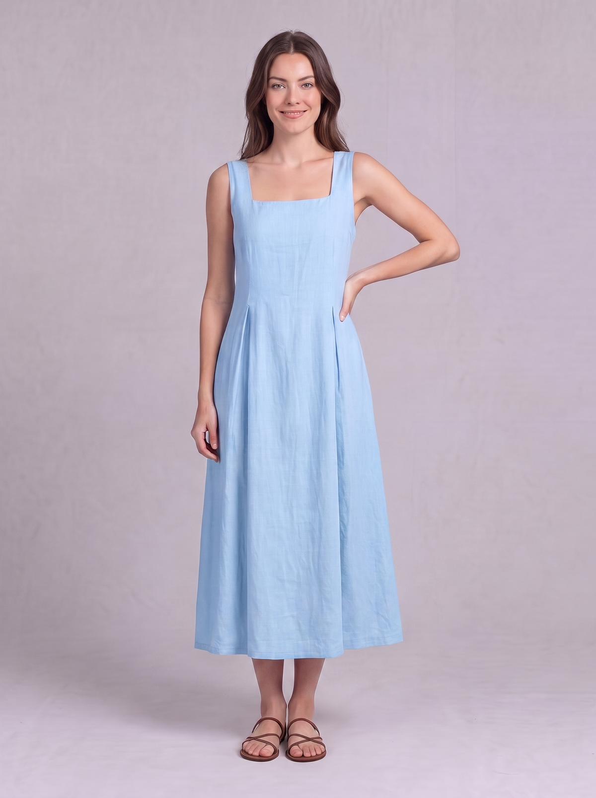 Linen Pleated Midi Dress in Powder Blue