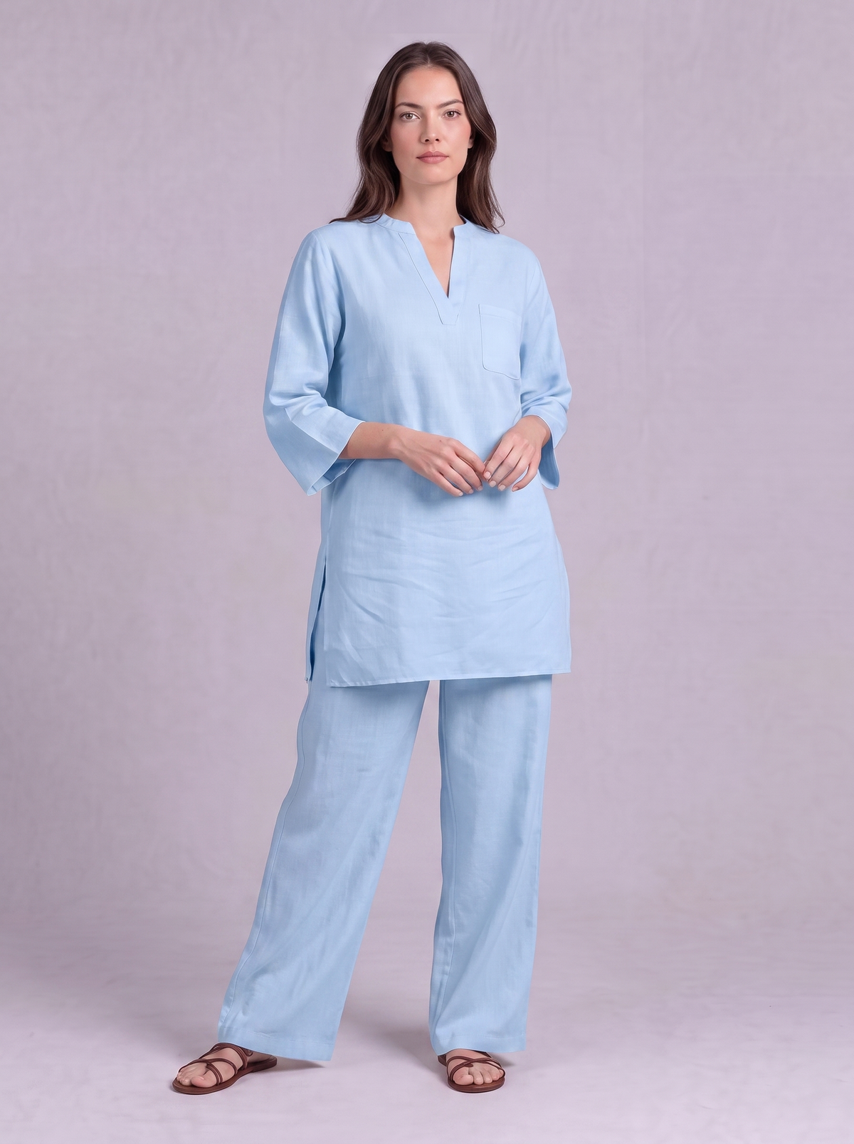Linen Cotton Tunic & Straight Trouser Co-ord Set in Powder Blue