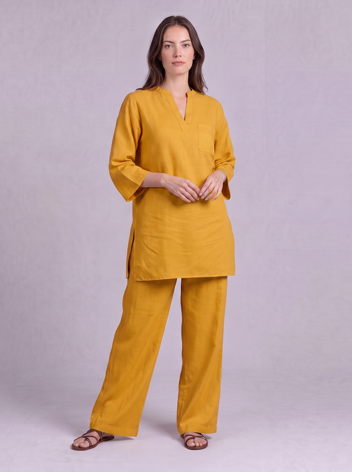 Linen Cotton Tunic & Straight Trouser Co-ord Set in Mustard