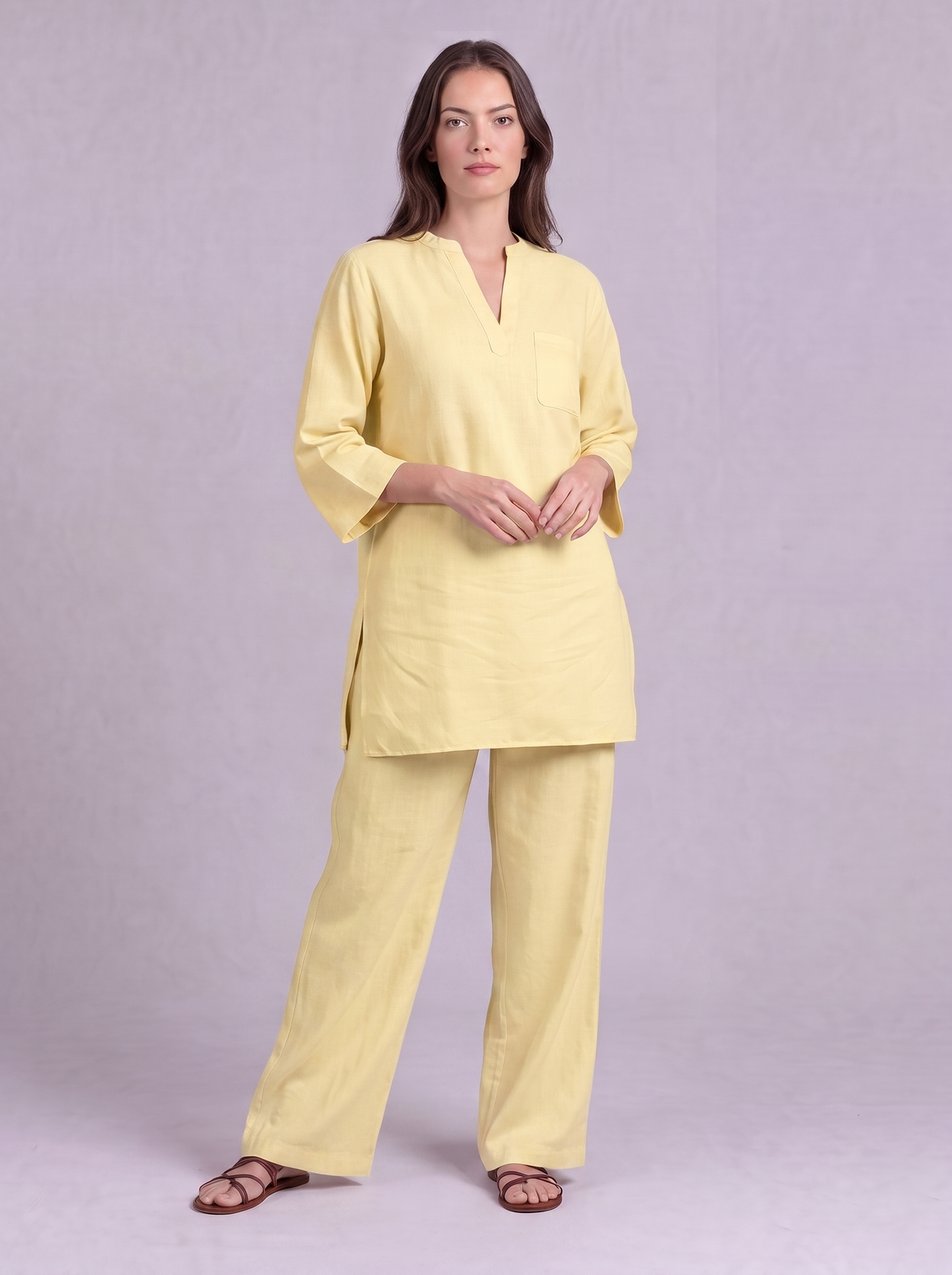 Linen Cotton Tunic & Straight Trouser Co-ord Set in Butter Yellow