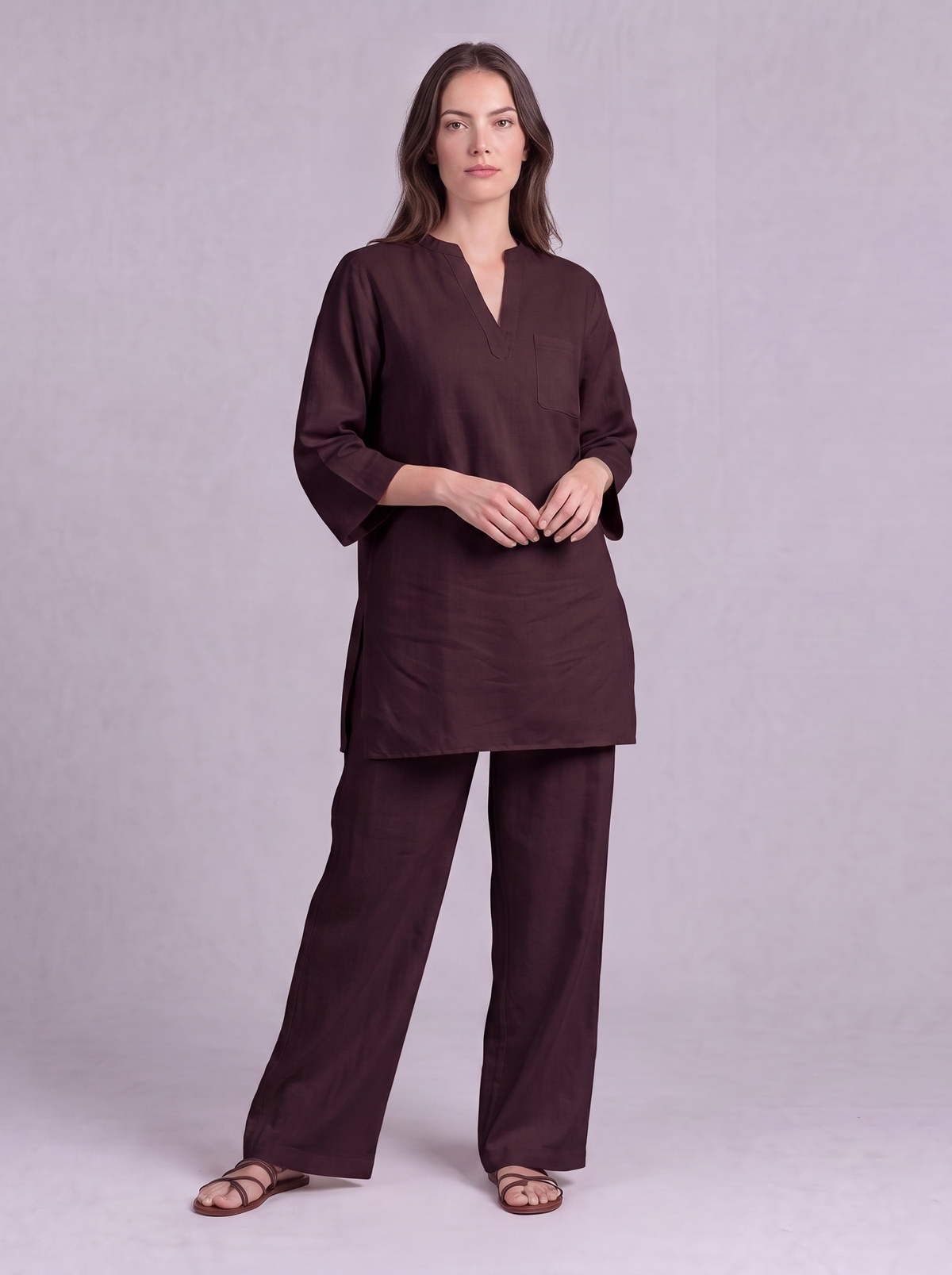 Linen Cotton Tunic & Straight Trouser Co-ord Set in Burnt Maroon
