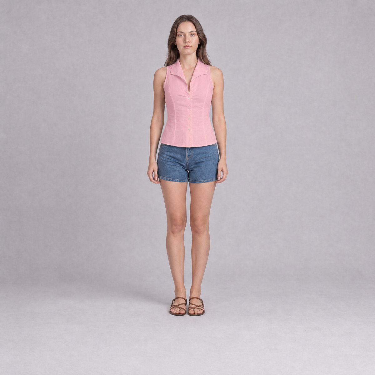 Sleeveless Notch Collar Shirt — Soft Pink
