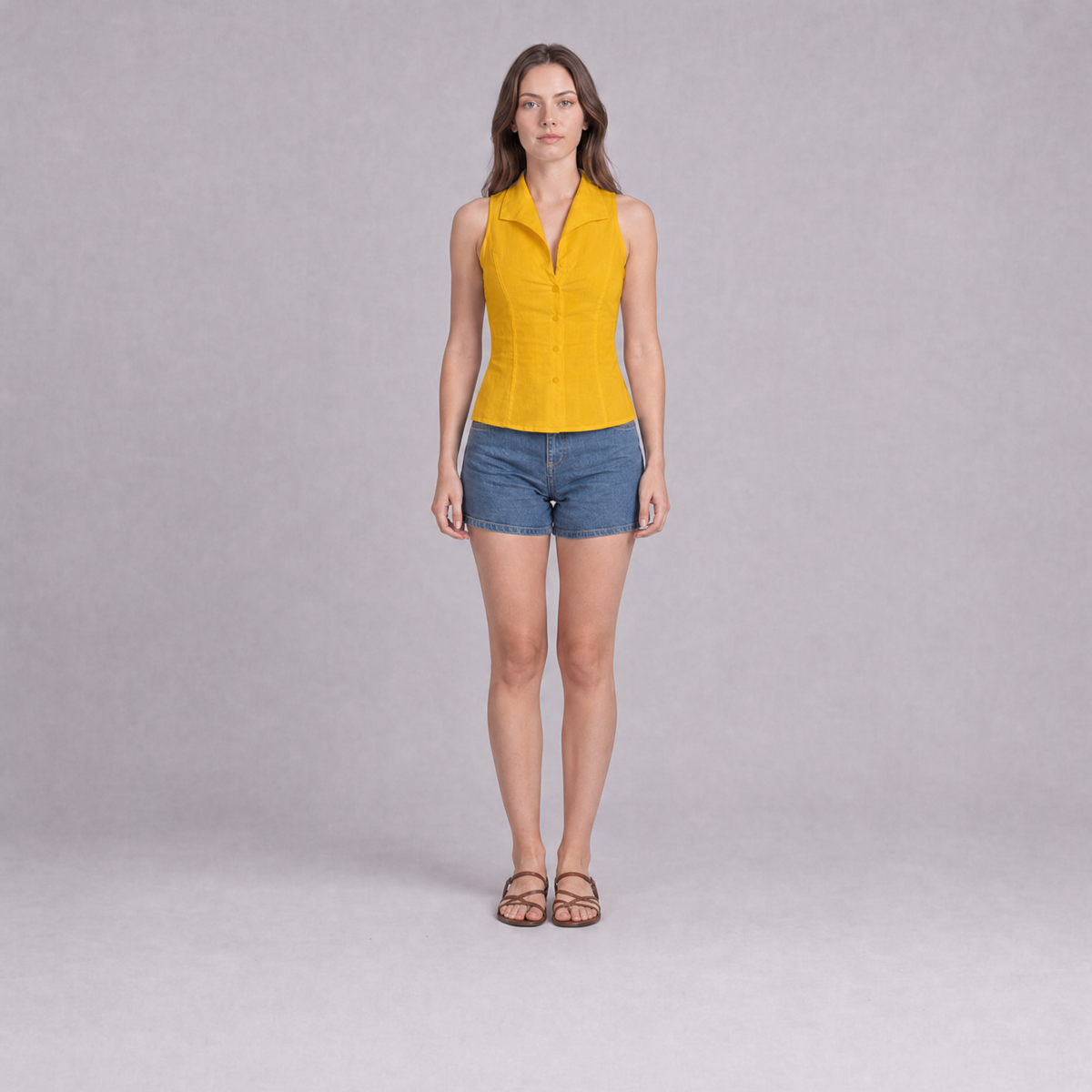 Sleeveless Notch Collar Shirt — Mustard