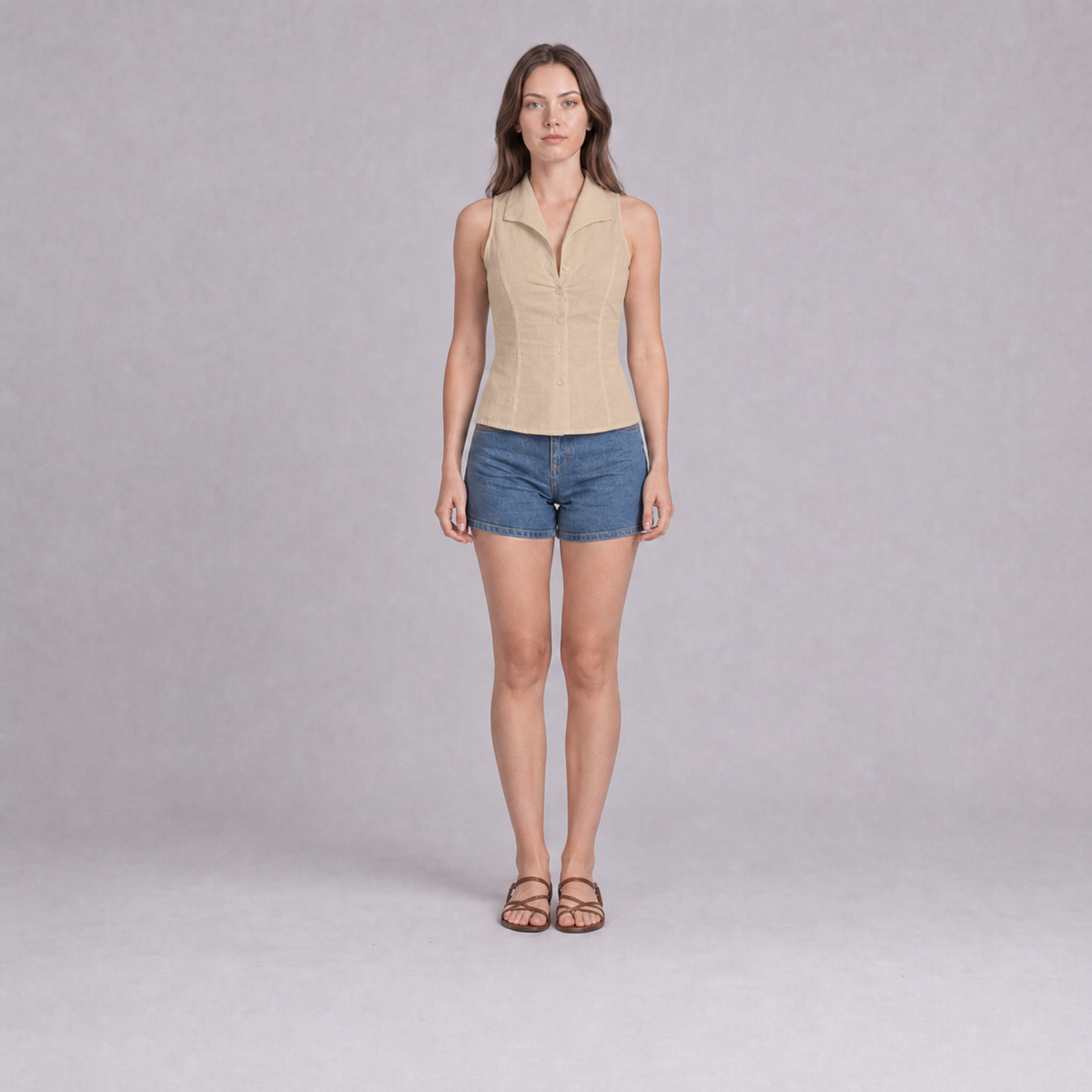 Sleeveless Notch Collar Shirt — Beige