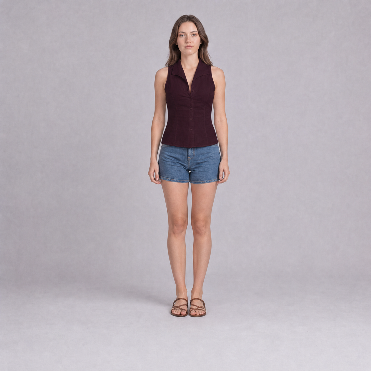 Sleeveless Notch Collar Shirt — Burnt Maroon