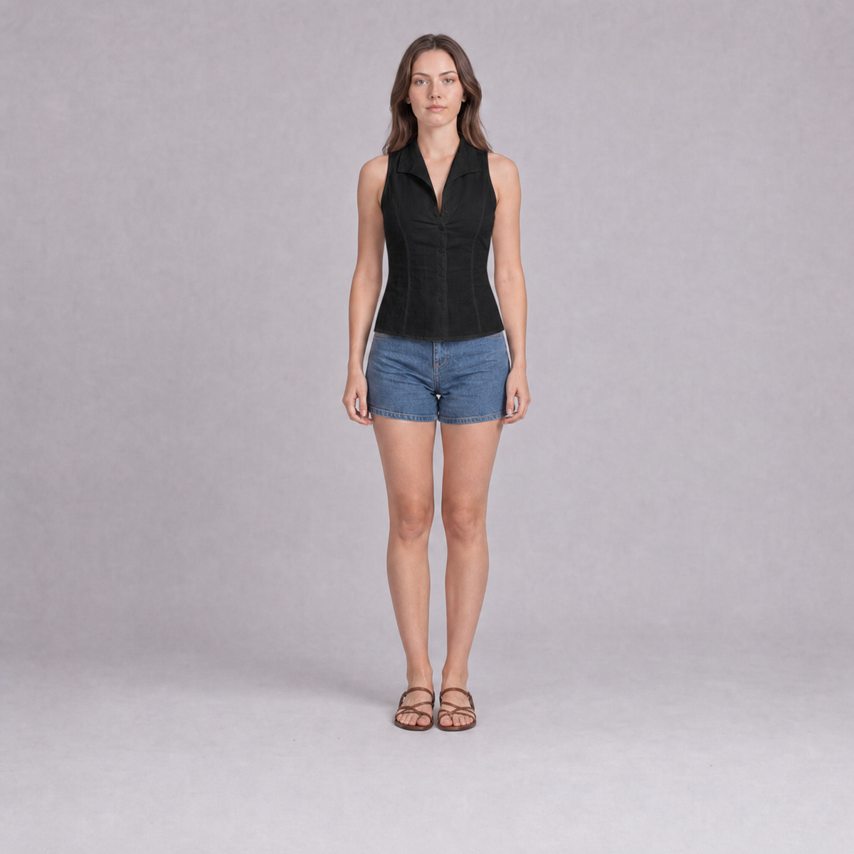 Sleeveless Notch Collar Shirt — Black