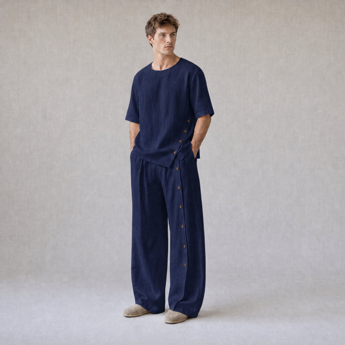 Cotton Linen Crew Neck Oversized T-Shirt with Button Side Trousers — Dark Blue