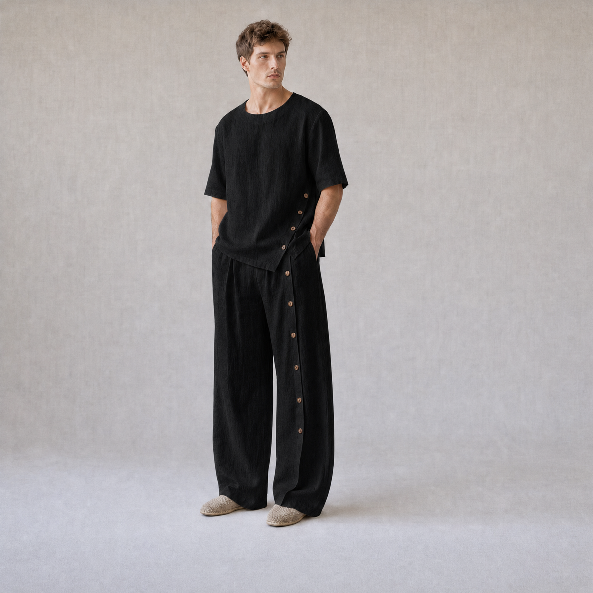 Cotton Linen Crew Neck Oversized T-Shirt with Button Side Trousers — Black