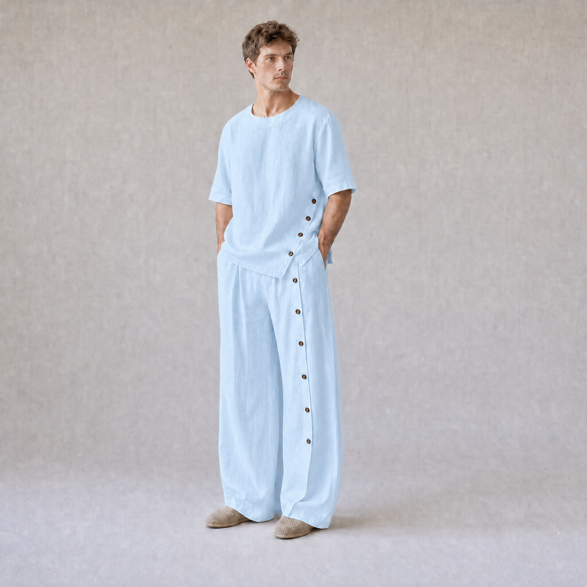 Linen Crew Neck Oversized T-Shirt with Button Side Trousers in Sky Blue