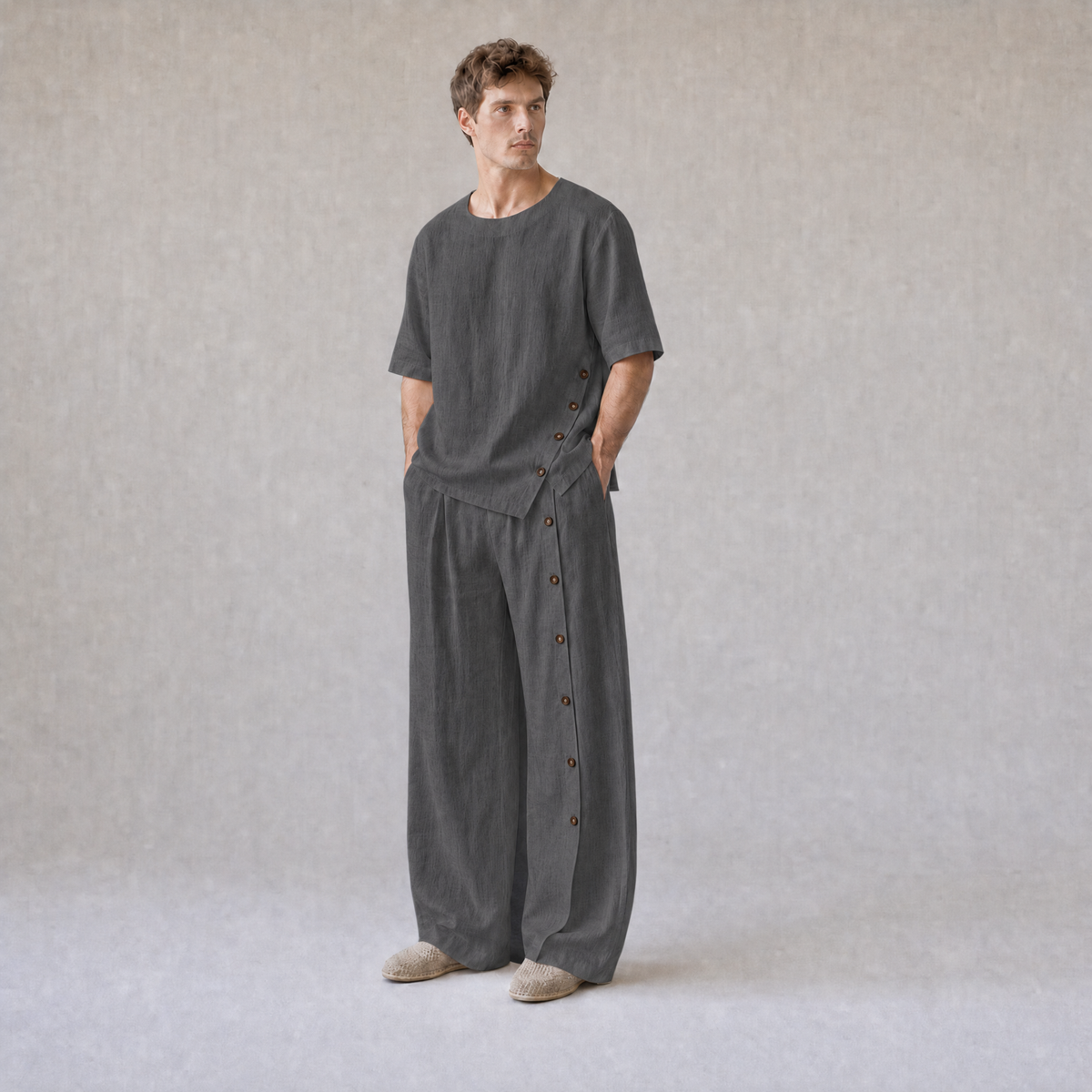 Linen Crew Neck Oversized T-Shirt with Button Side Trousers in Charcoal