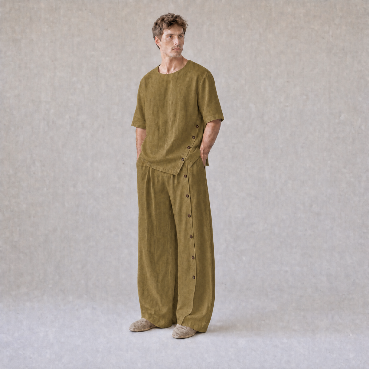 Linen Crew Neck Oversized T-Shirt with Button Side Trousers in Koke Moss