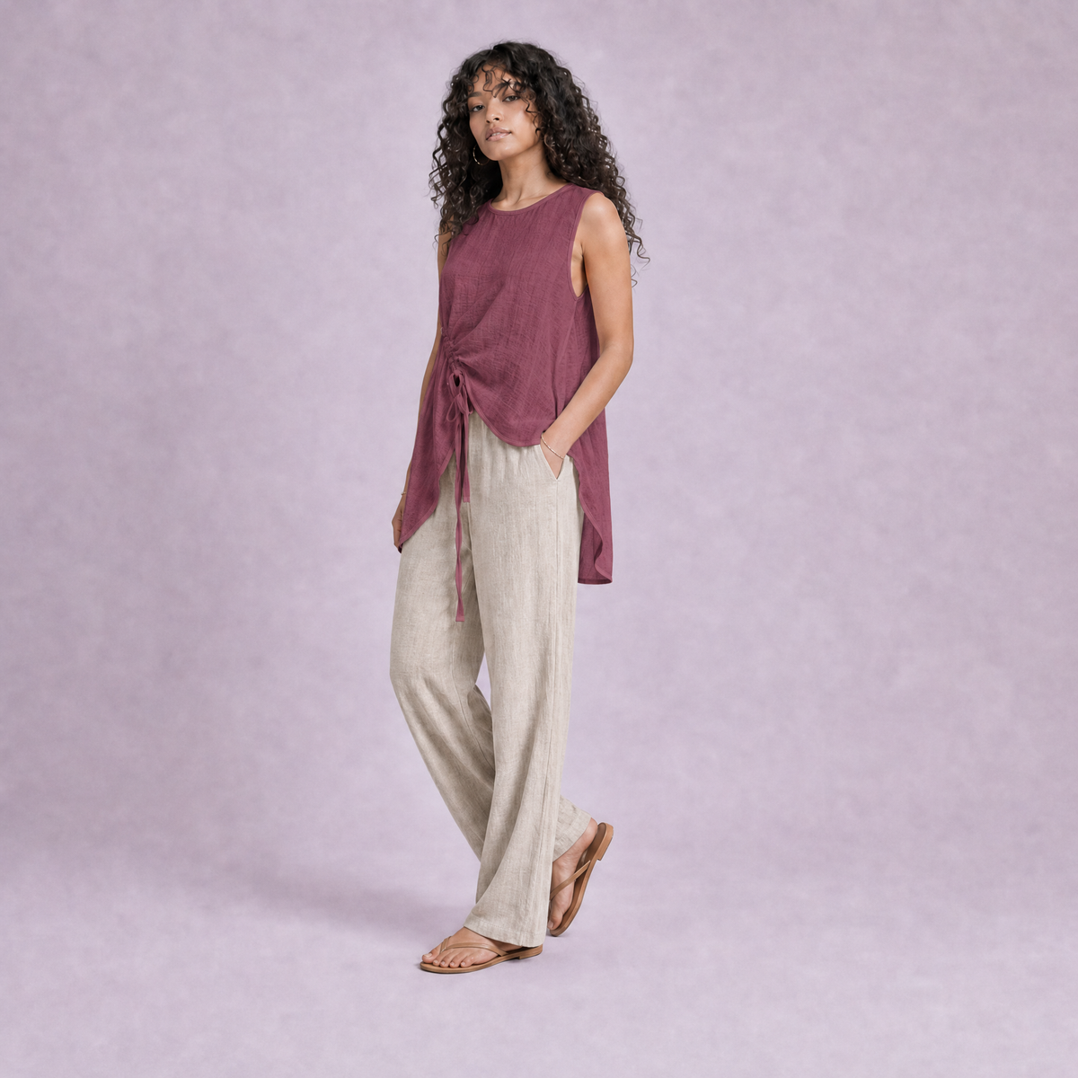 Linen Drawstring Top in Garnet, Ratń Swamini