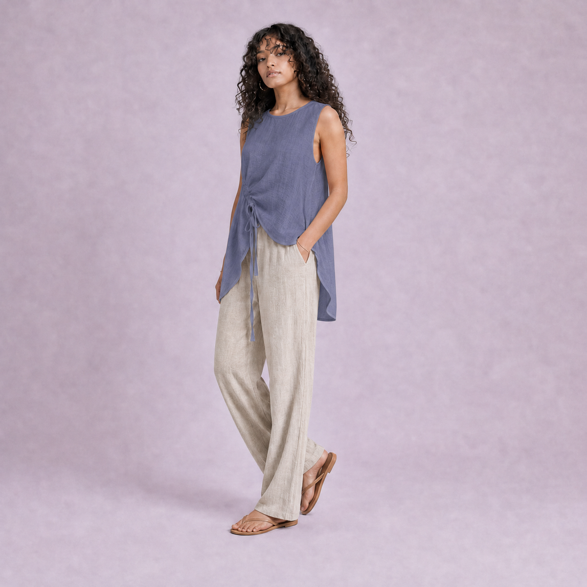 Linen Drawstring Top in Slate Periwinkle Blue, Ratń Swamini