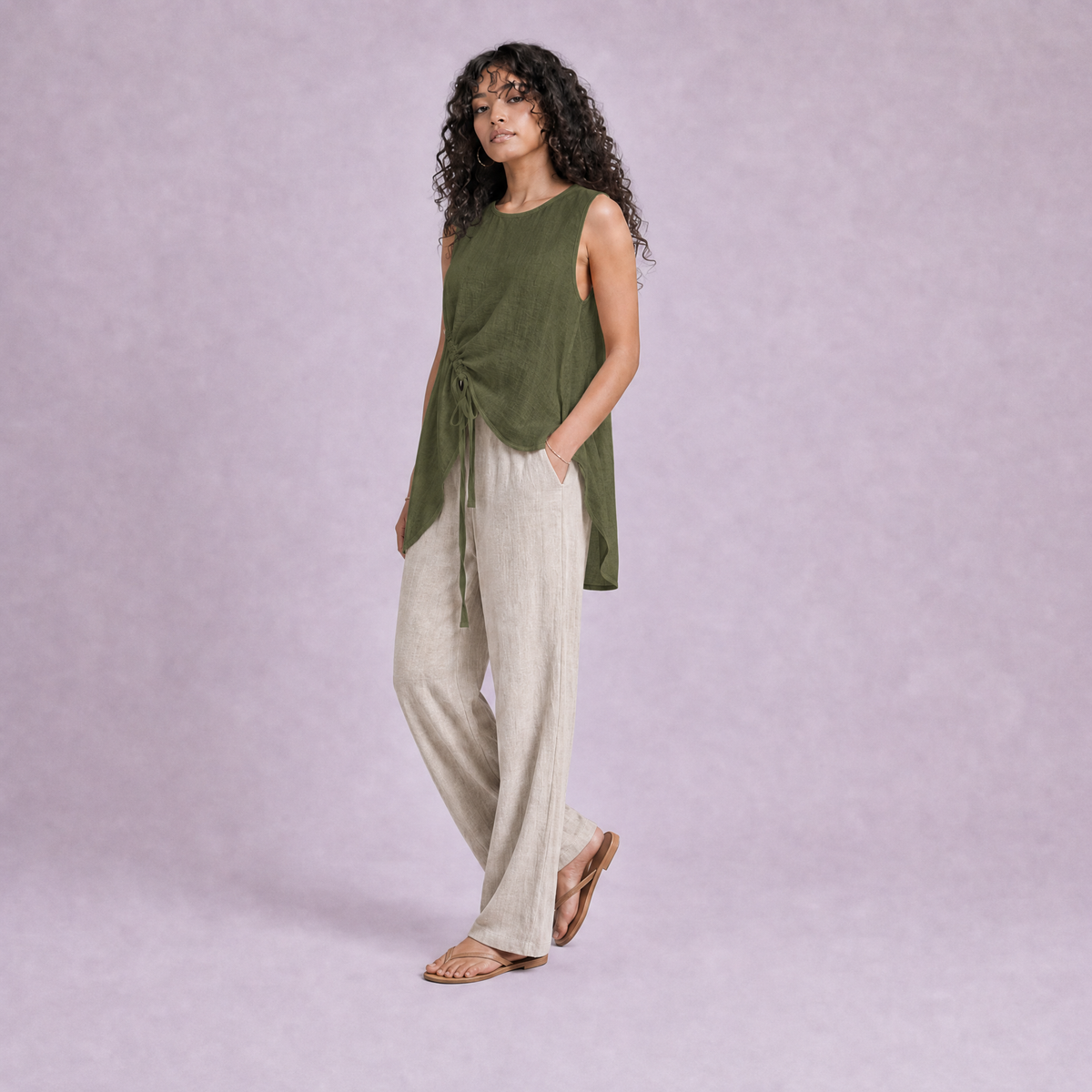 Linen Drawstring Top in Moss Green, Ratń Swamini