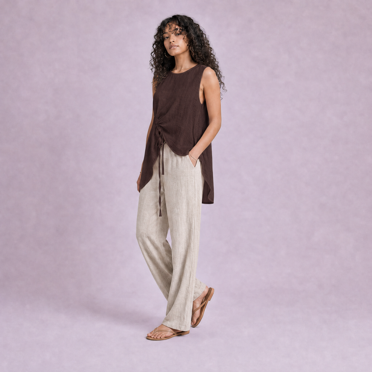 Linen Drawstring Top in Chocolate Brown, Ratń Swamini