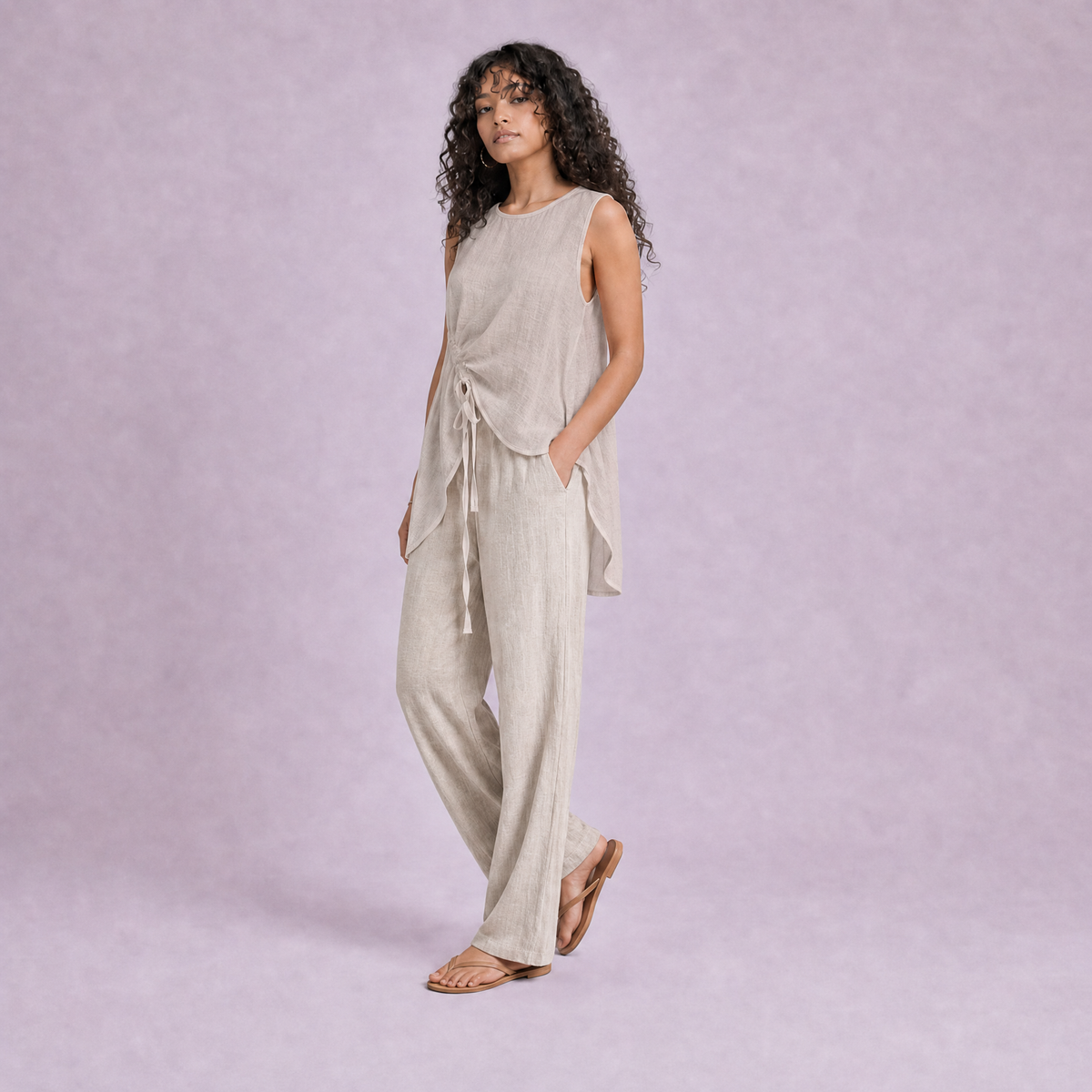 Linen Drawstring Top in Natural, Ratń Swamini