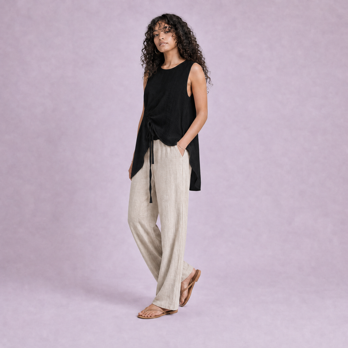 Linen Drawstring Top in Black, Ratń Swamini
