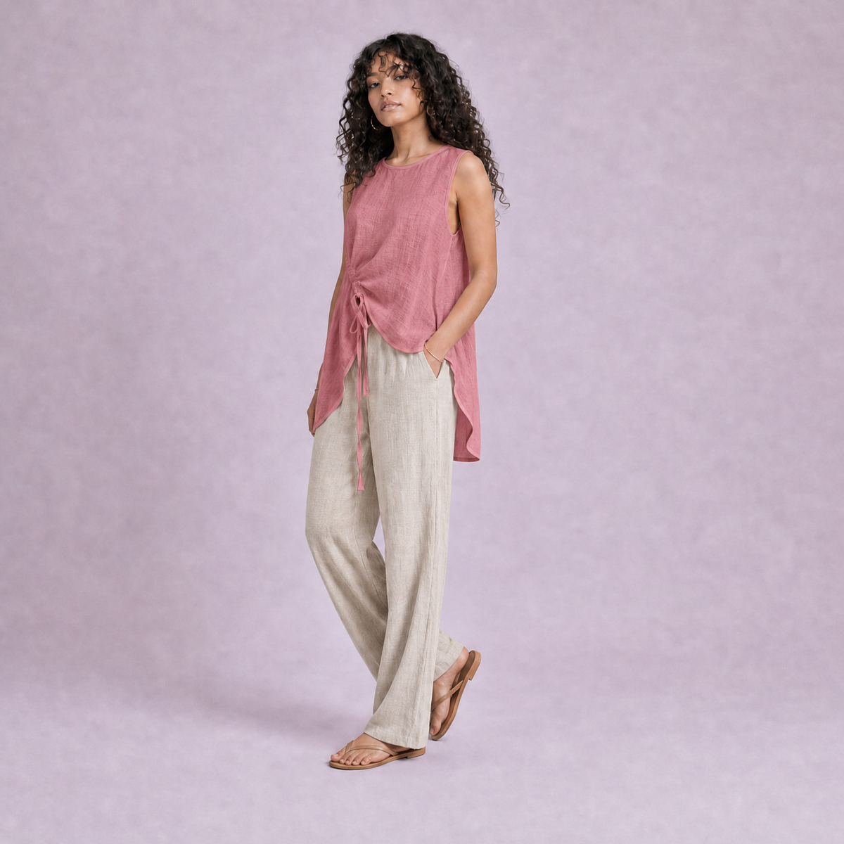 Linen Drawstring Top in Dusty Rose, Ratń Swamini