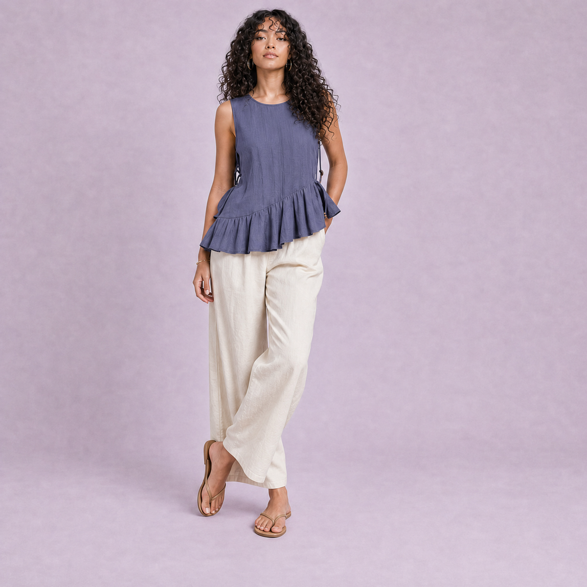 Linen Peplum Top in Slate Periwinkle Blue, Ratń Swamini